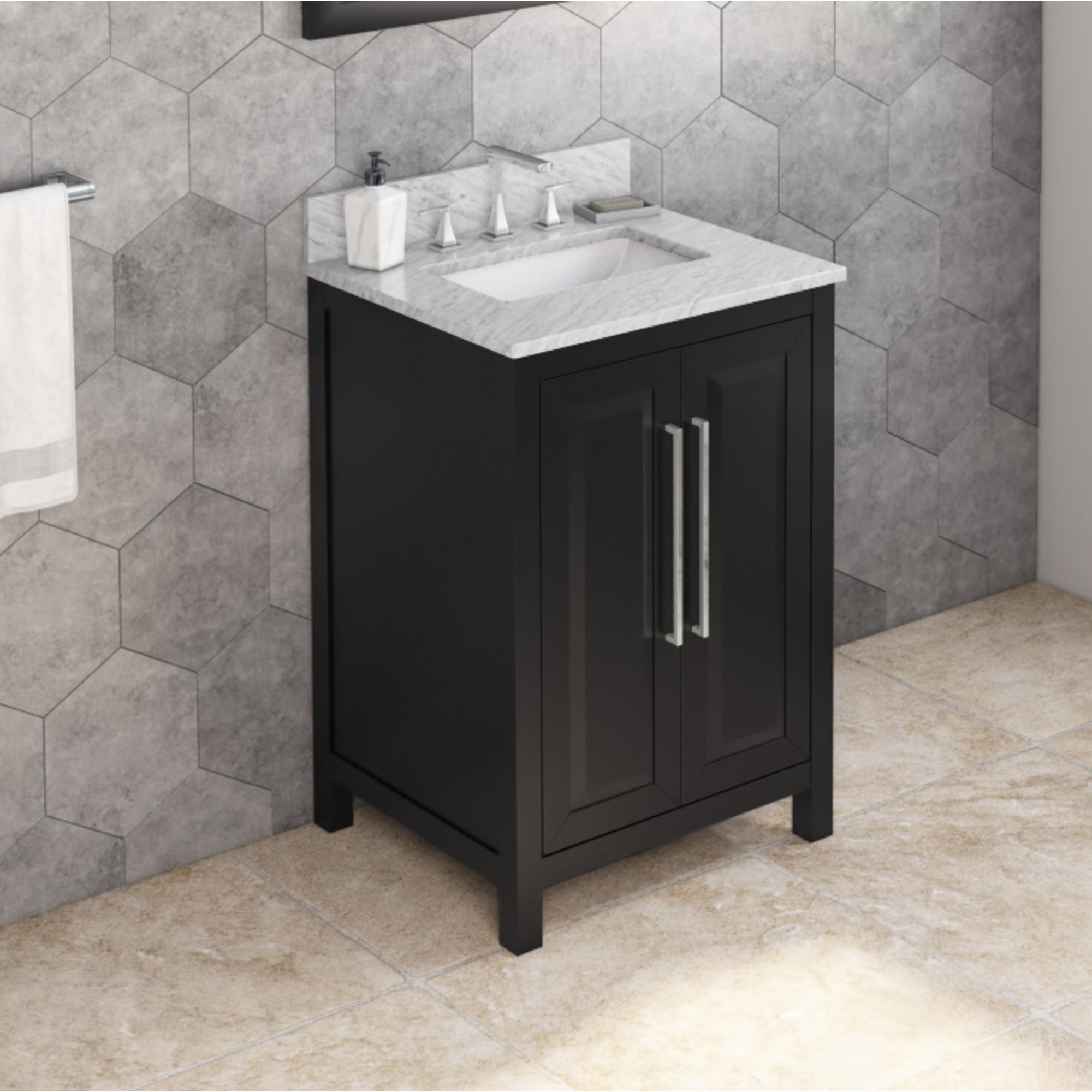 24" Black Cade Vanity, White Carrara Marble Vanity Top, undermount rectangle bowl