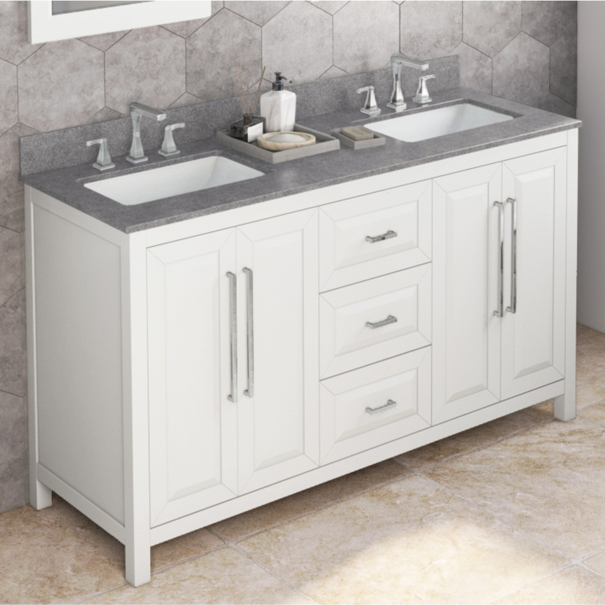 60" White Cade Vanity, double bowl, Steel Grey Cultured Marble Vanity Top, undermount rectangle bowl