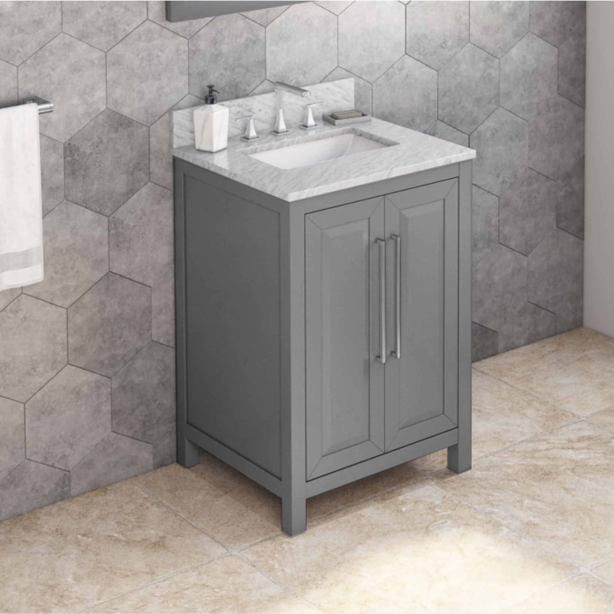 24" Grey Cade Vanity, White Carrara Marble Vanity Top, undermount rectangle bowl