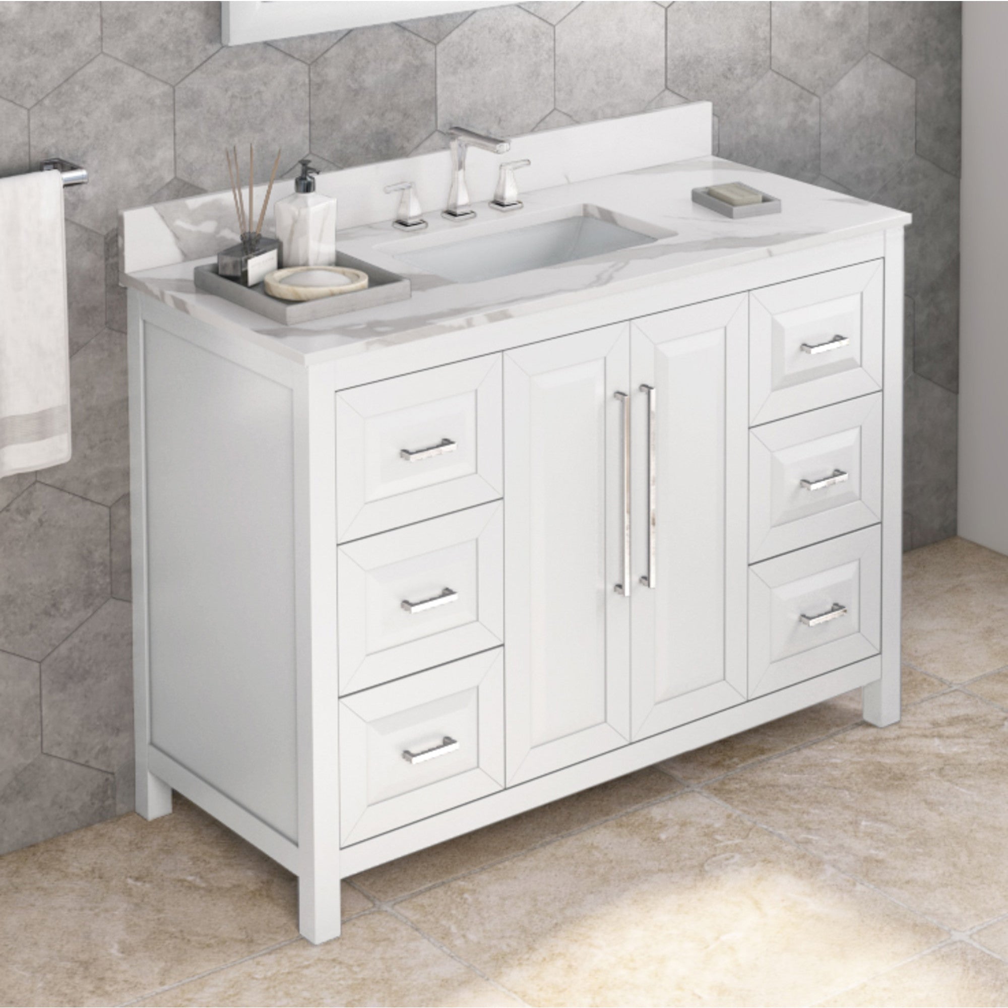 48" White Cade Vanity, Calacatta Vienna Quartz Vanity Top, undermount rectangle bowl