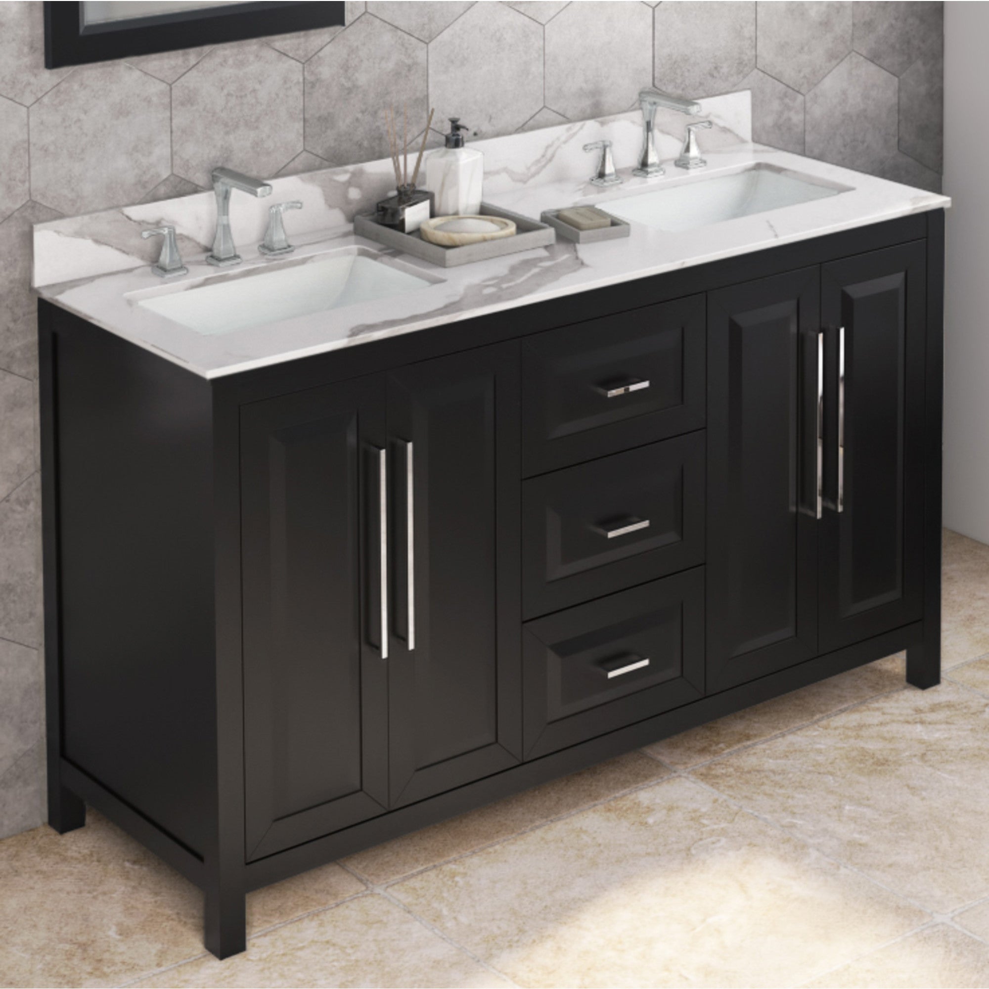 60" Black Cade Vanity, double bowl, Calacatta Vienna Quartz Vanity Top, two undermount rectangle bowls