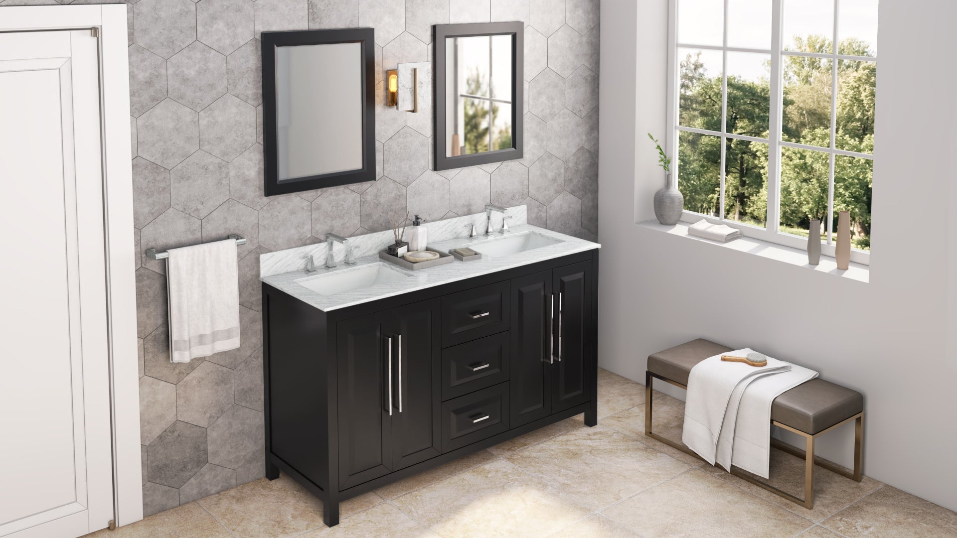 60" Black Cade Vanity, double bowl, White Carrara Marble Vanity Top, two undermount rectangle bowls