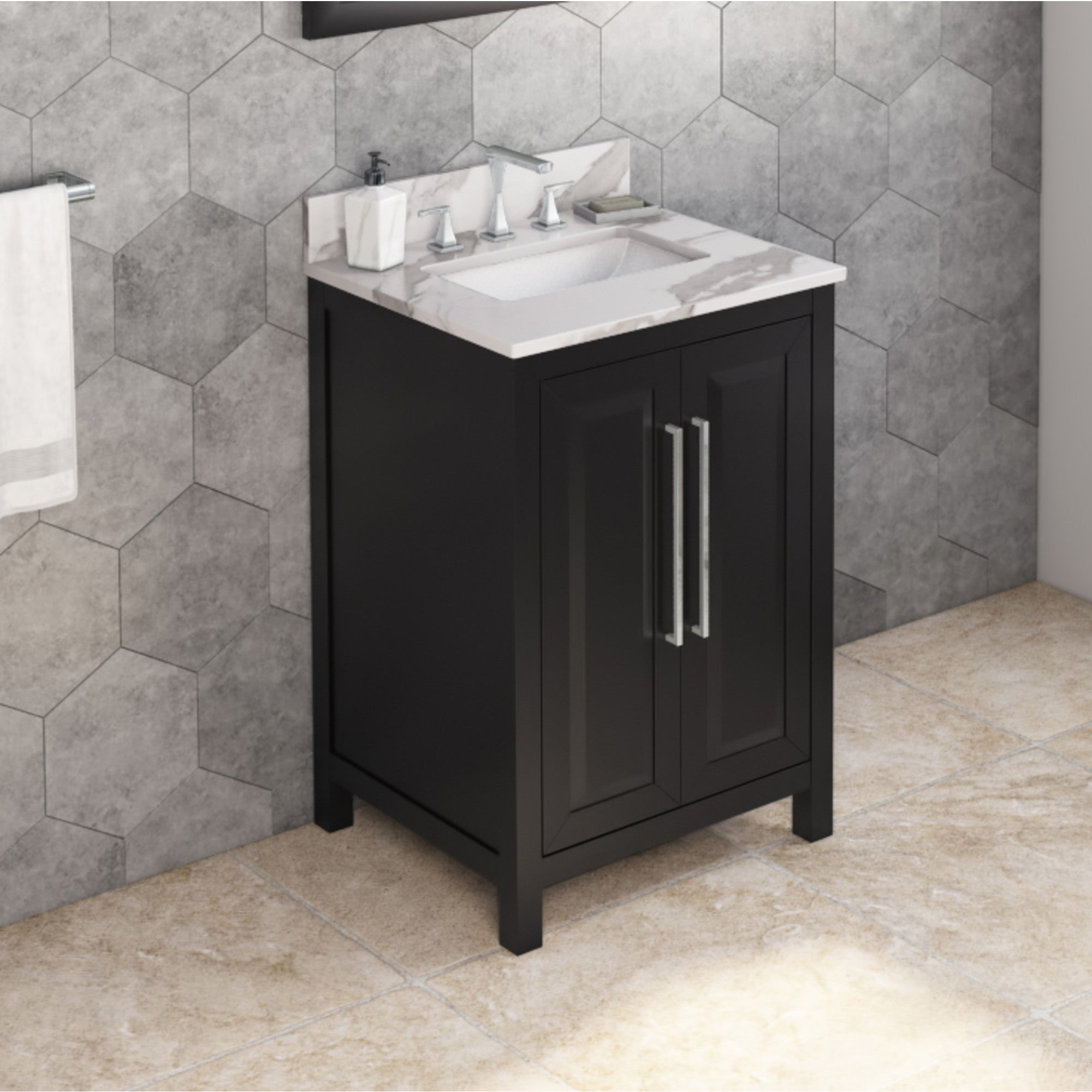 24" Black Cade Vanity, Calacatta Vienna Quartz Vanity Top, undermount rectangle bowl