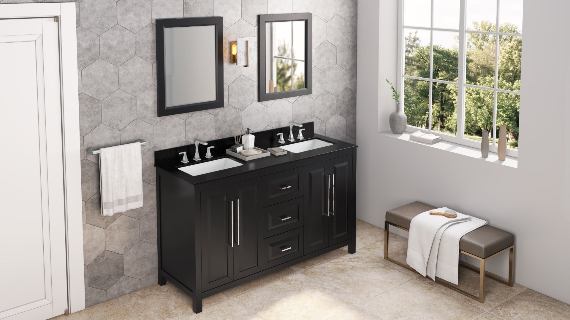 60" Black Cade Vanity, double bowl, Black Granite Vanity Top, two undermount rectangle bowls