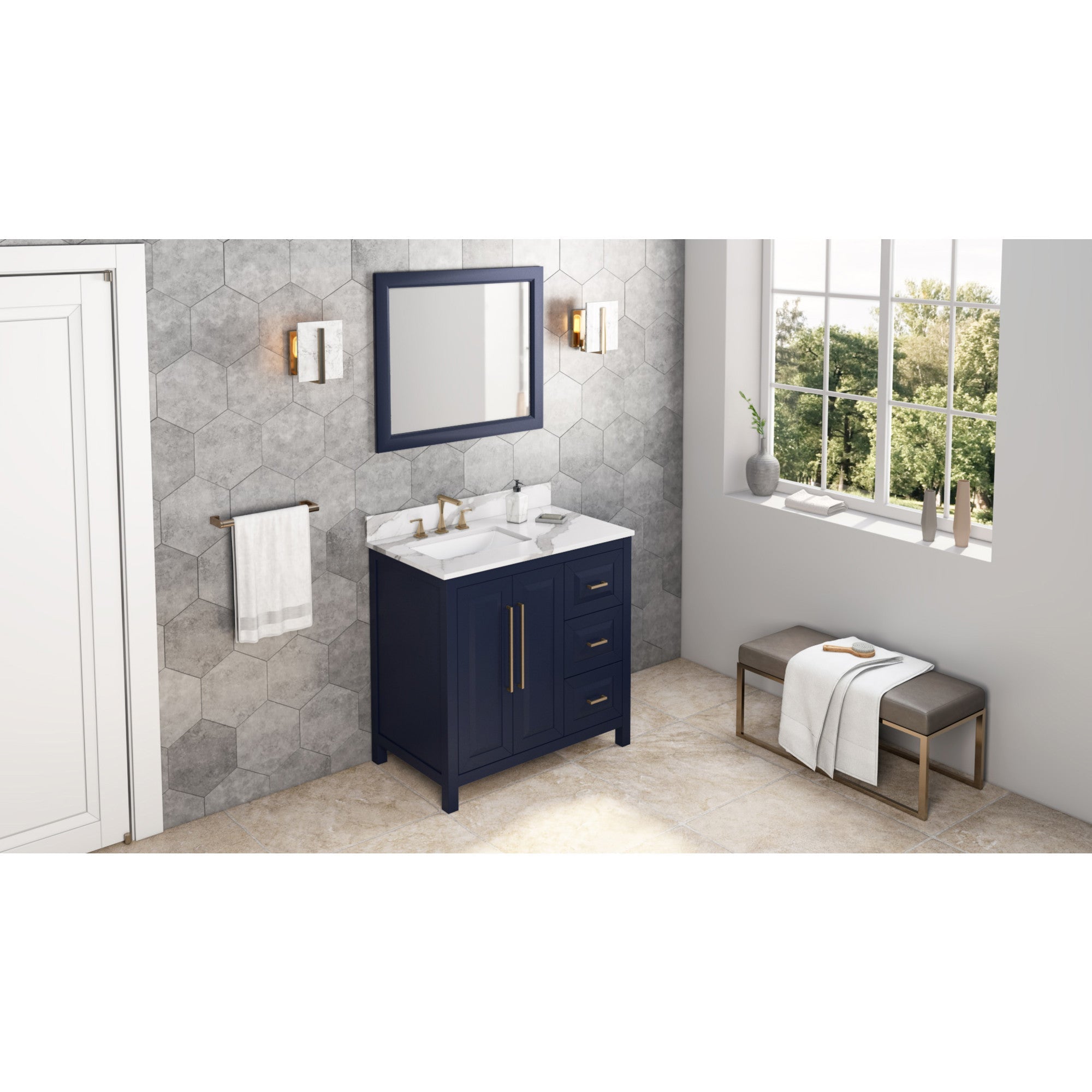 36" Cade Vanity – Left Offset - Hale Blue - Calacatta Vienna Quartz