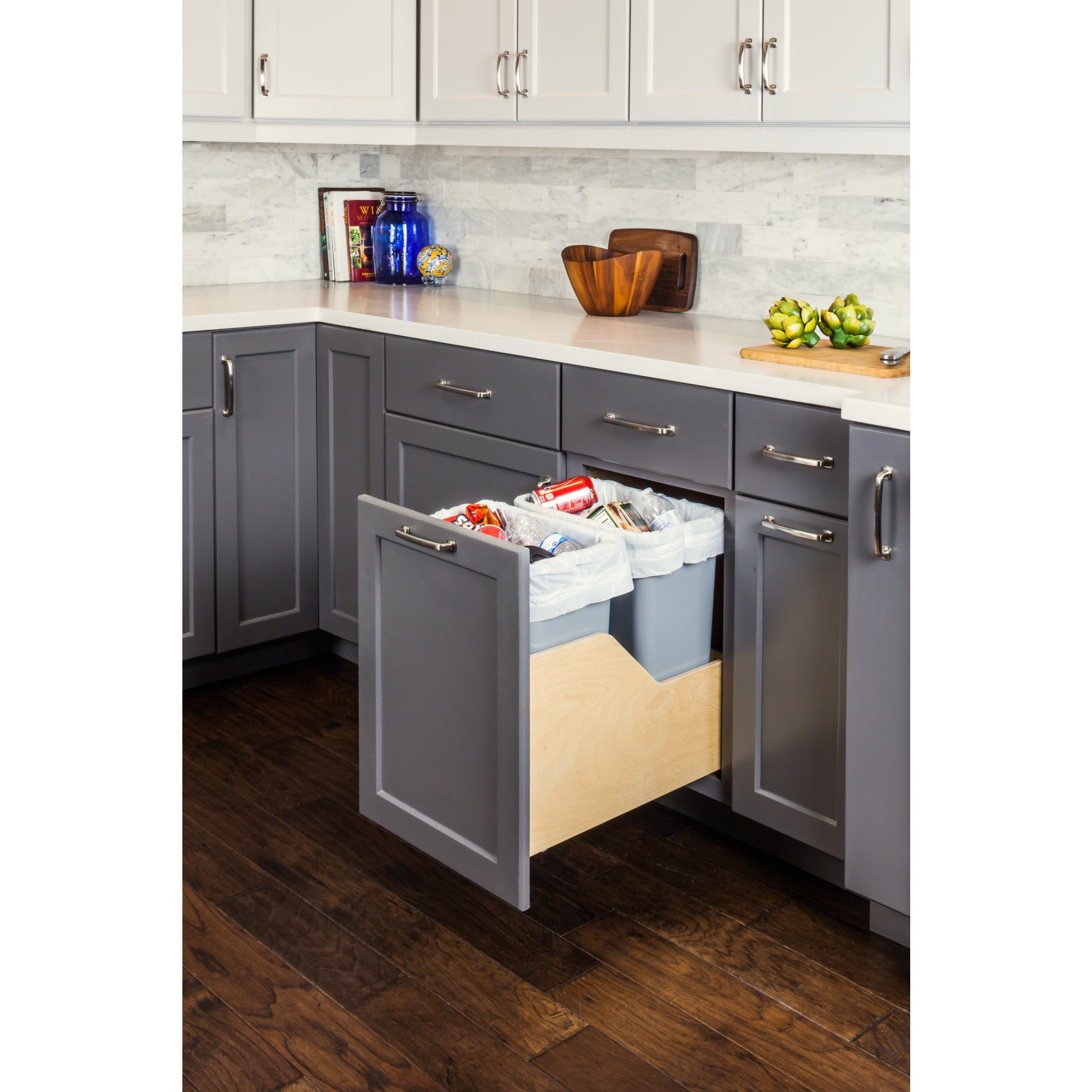 Double 35 Quart Wood Bottom-Mount Soft-close Trashcan Rollout for Door Mounting, Includes Two Grey Cans