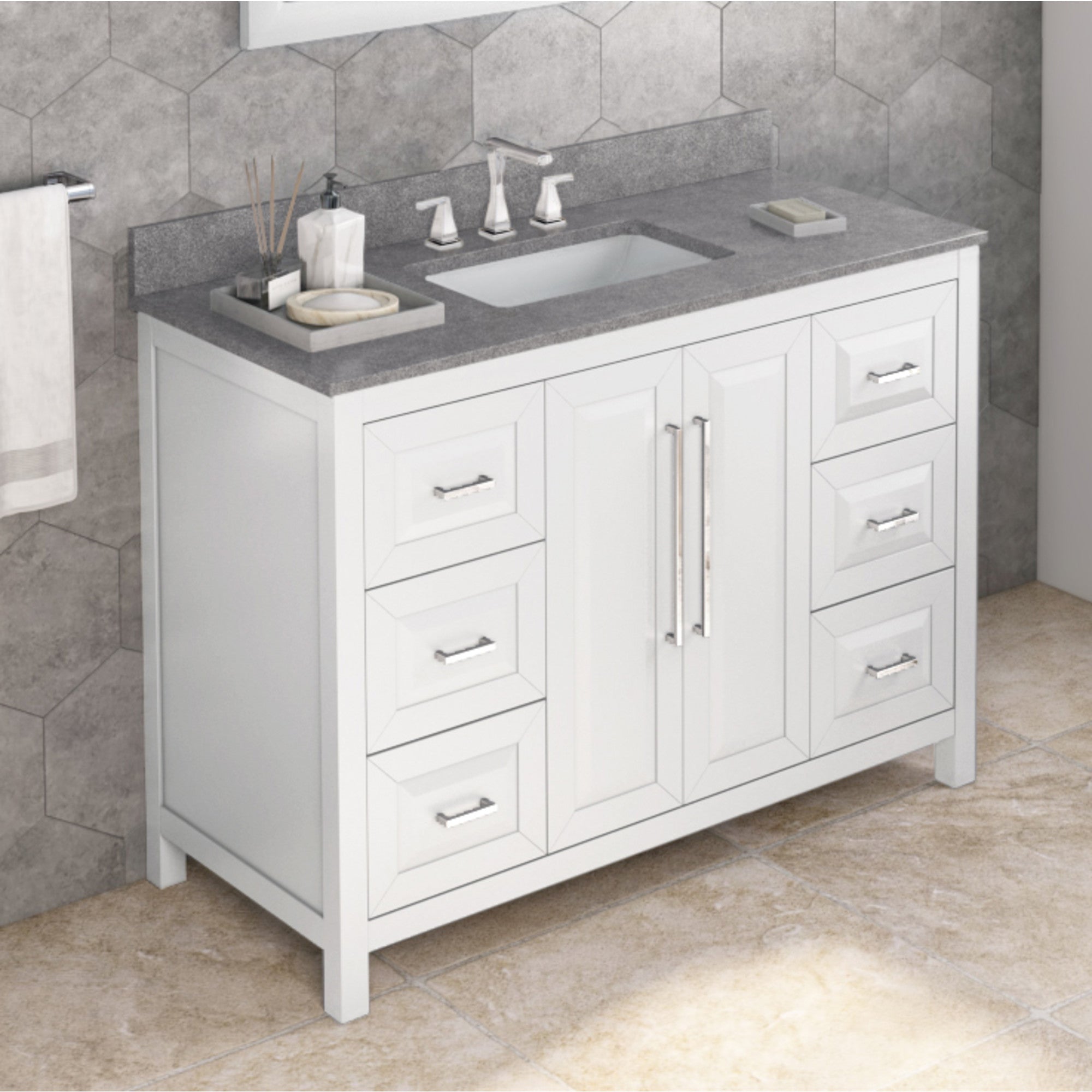 48" White Cade Vanity, Steel Grey Cultured Marble Vanity Top, undermount rectangle bowl