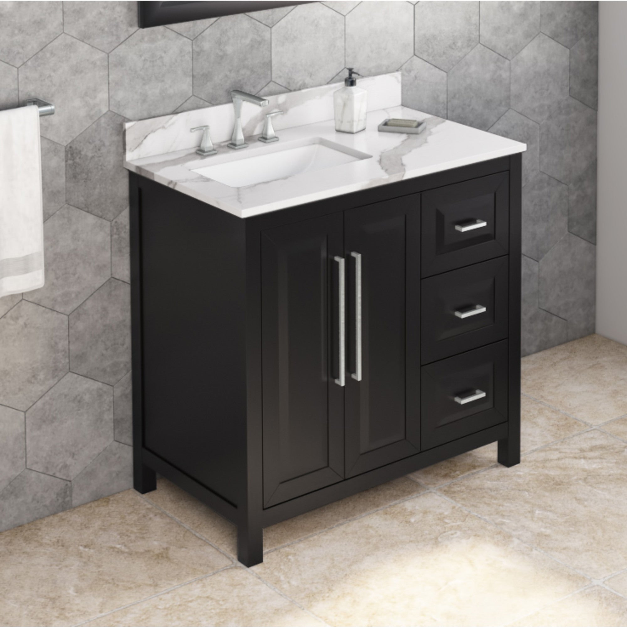 36" Black Cade Vanity, left offset, Calacatta Vienna Quartz Vanity Top, undermount rectangle bowl